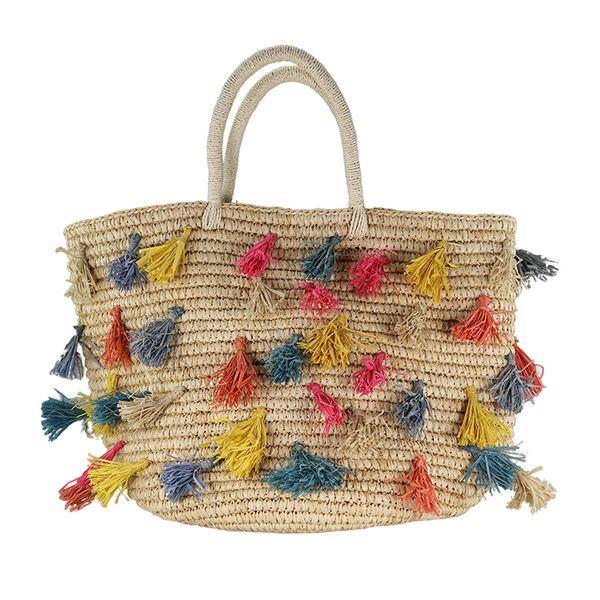 Raffia basket bag with colorful tassels