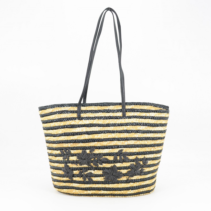 Fashion Eco-friendly embroidery woven tote shopping wheat straw beach bag tote with PU handles