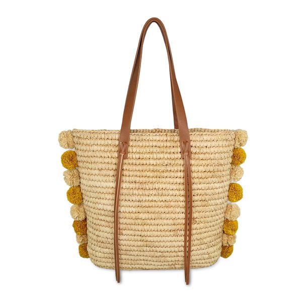 pom pom tassel raffia straw tote bag