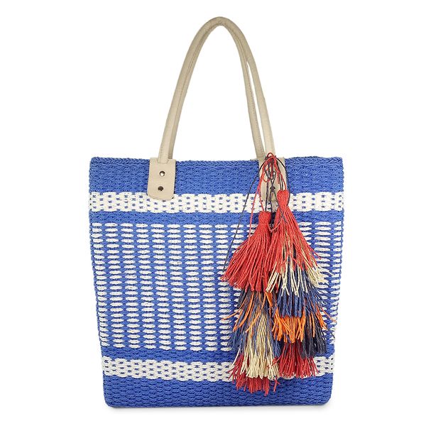 Striped woven straw tote bag