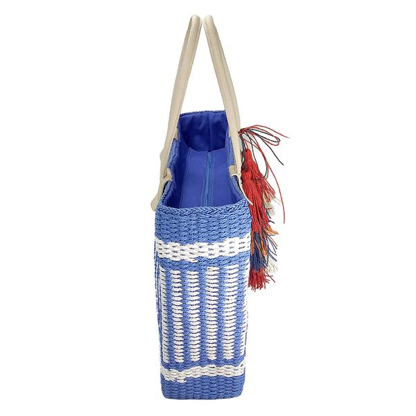 Striped woven straw tote bag