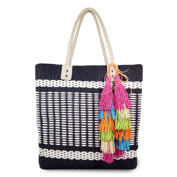 Mary large striped woven straw basket tote bag