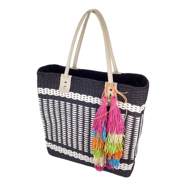 Mary large striped woven straw basket tote bag