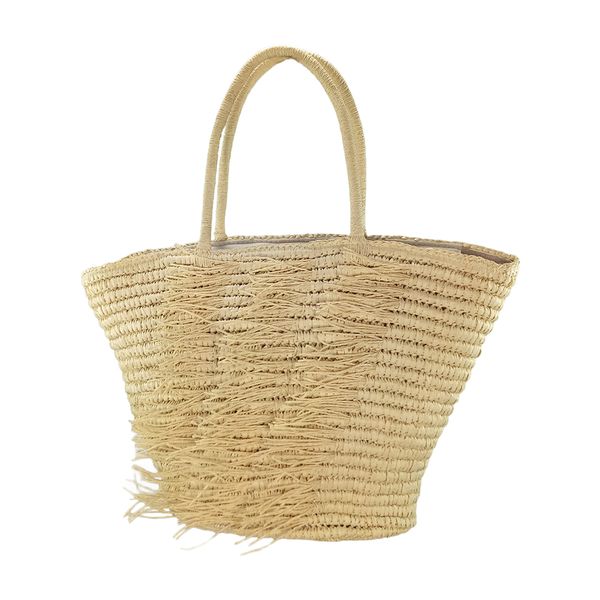 Fringes trimming straw crochet tote bag