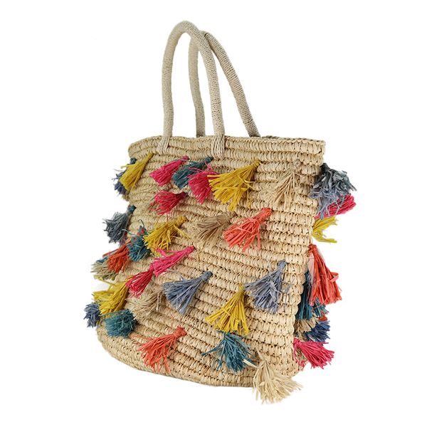 Raffia basket bag with colorful tassels