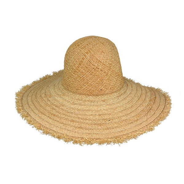 raffia straw hat featuring a fringed brim
