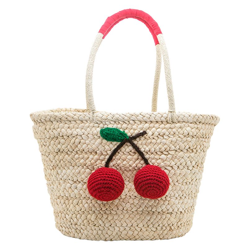 corn husk straw shoulder bag with strawberry trim