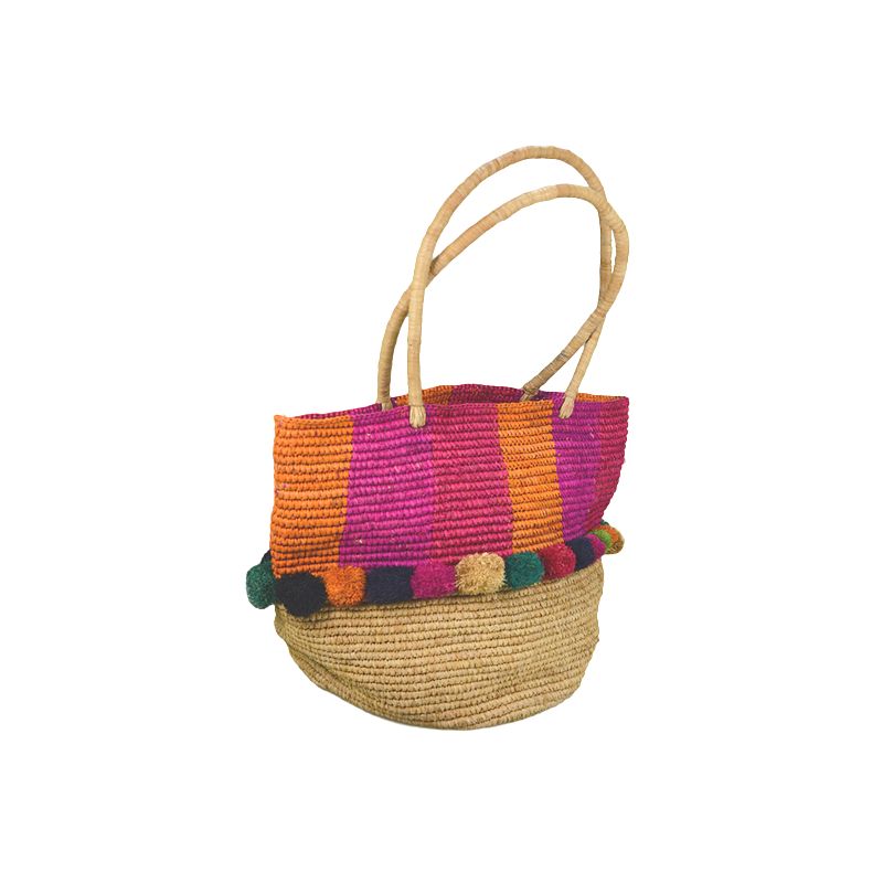 Raffia straw tote bag with pom poms