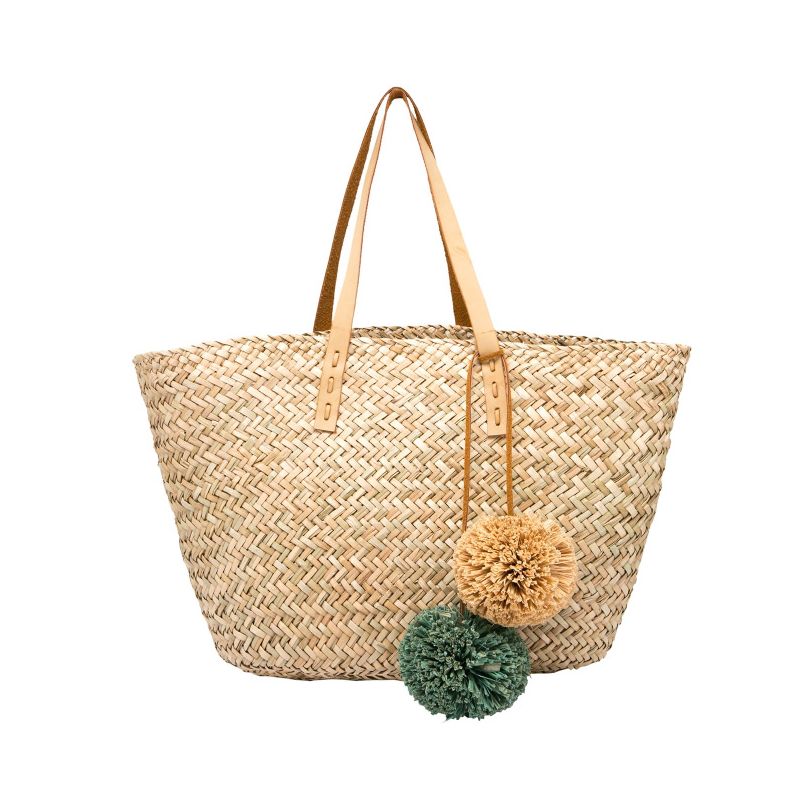 pom poms handwoven seagrass tote