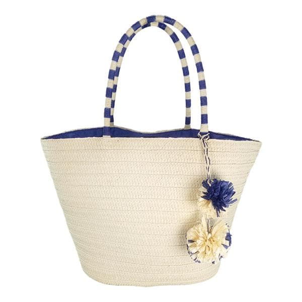 pom pom straw tote bag