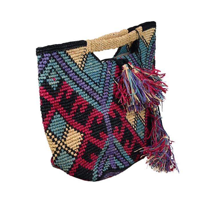 geometric pattern raffia straw tote bag