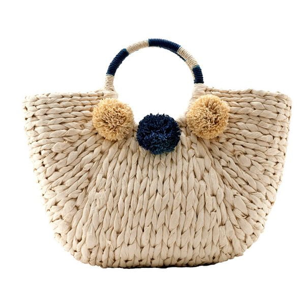 Handmade pom pom straw tote bag