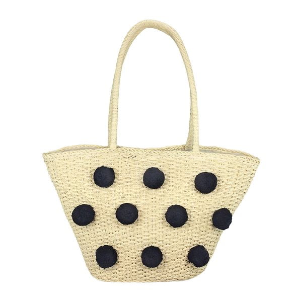 Straw beach bag tote with black pom poms