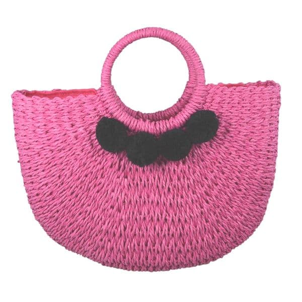 Handmade fushia straw bag with black pom poms