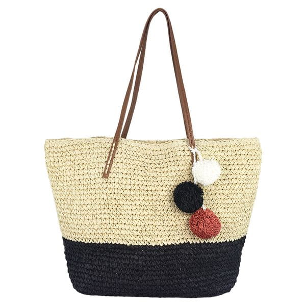 Paper straw crochet stripe tote with pom poms