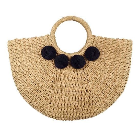 Handmade pom pom straw bag