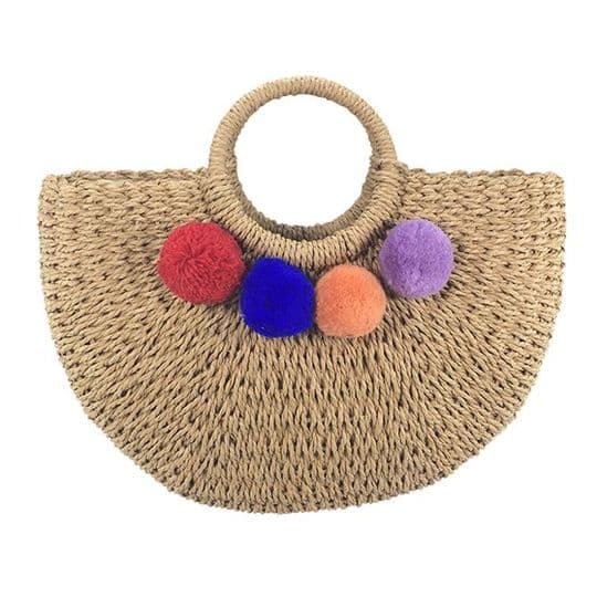 Handmade pom pom straw bag