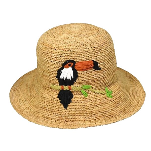 raffia hat with bird embroidery