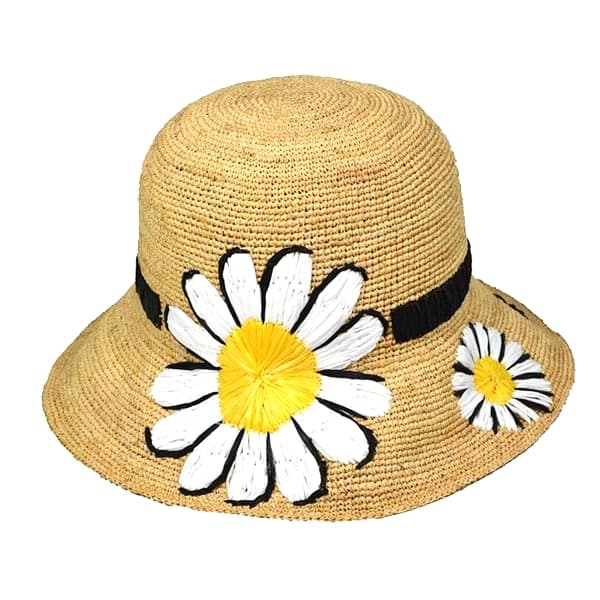 women natural embroidered daisy raffia sun hat