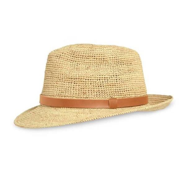 raffia straw fedora hat with leather trim