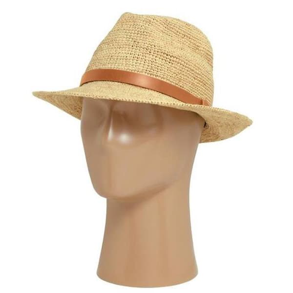 raffia straw fedora hat with leather trim