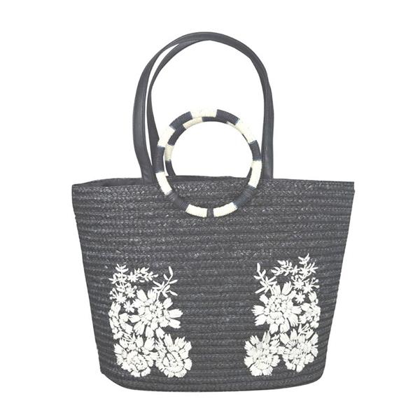 Fashion Eco-friendly embroidery woven tote shopping wheat straw beach bag tote with PU handle