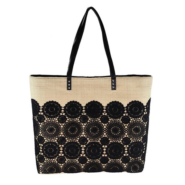 Large straw raffia bag with black lace trimmings