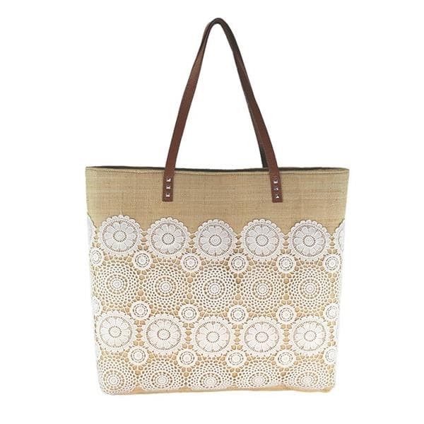 White lace trimmed straw raffia bag