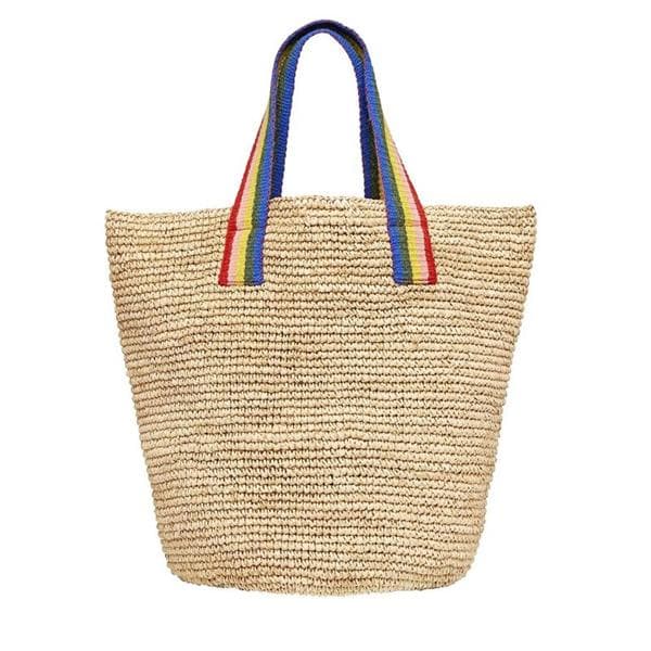 oversized straw tote in natural raffia with handwoven rainbow handles