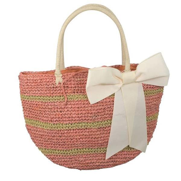 Striped straw raffia basket bag with bowknot trim