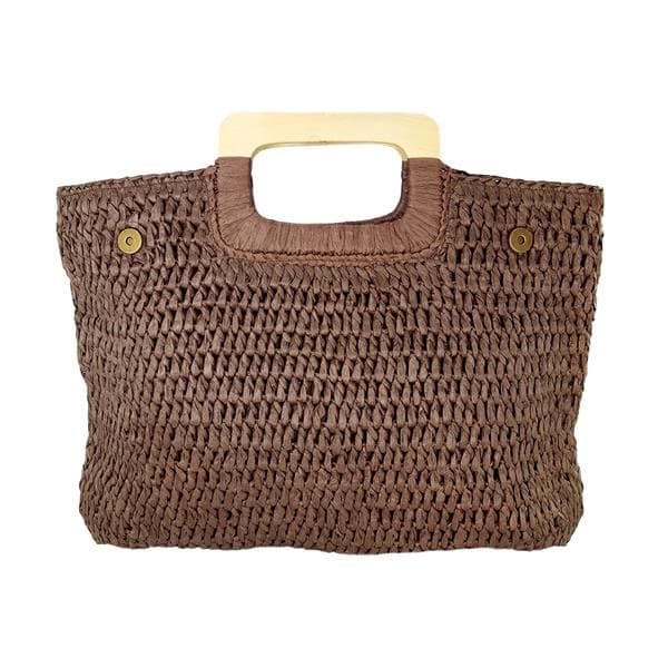 Wood handle straw handbag