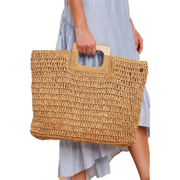 Wood handle straw handbag