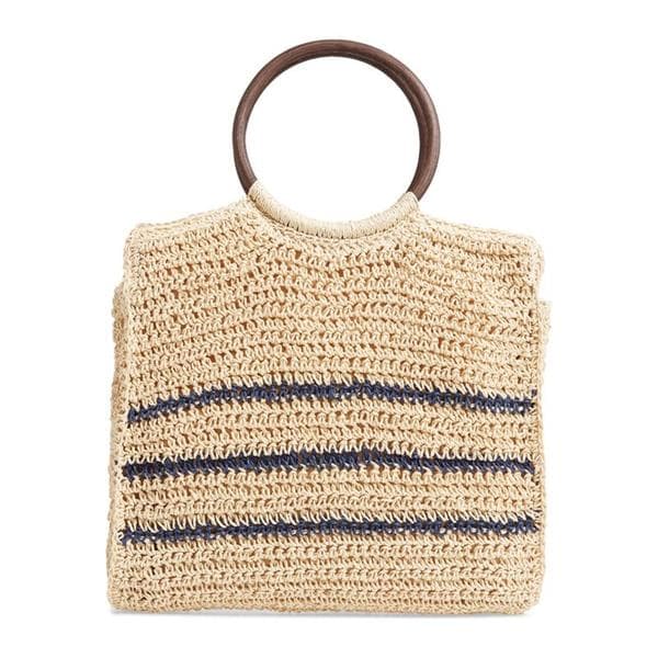 wood handles crocheted straw tote