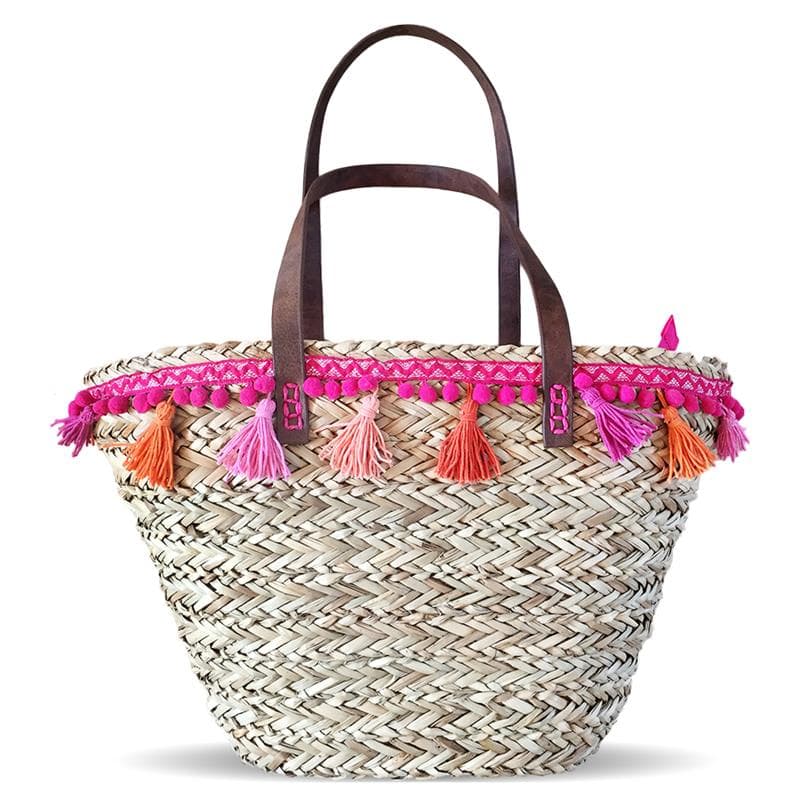 pom poms sea grass straw tote