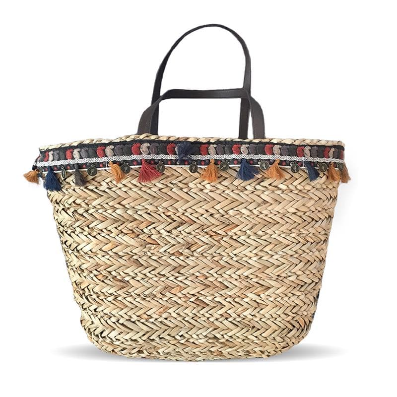 pom poms sea grass straw bag