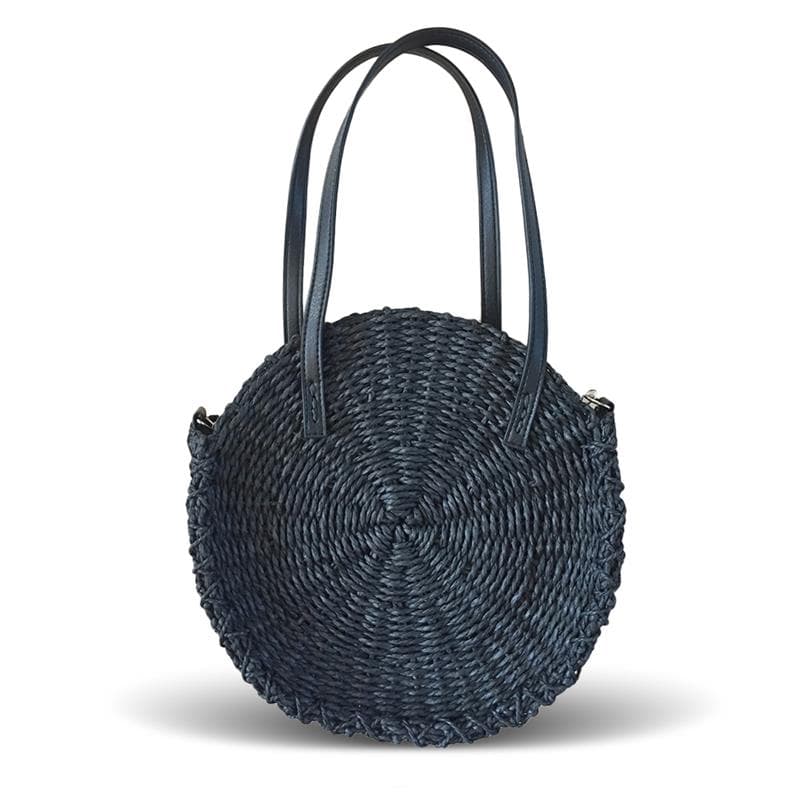 crocheted round straw tote 