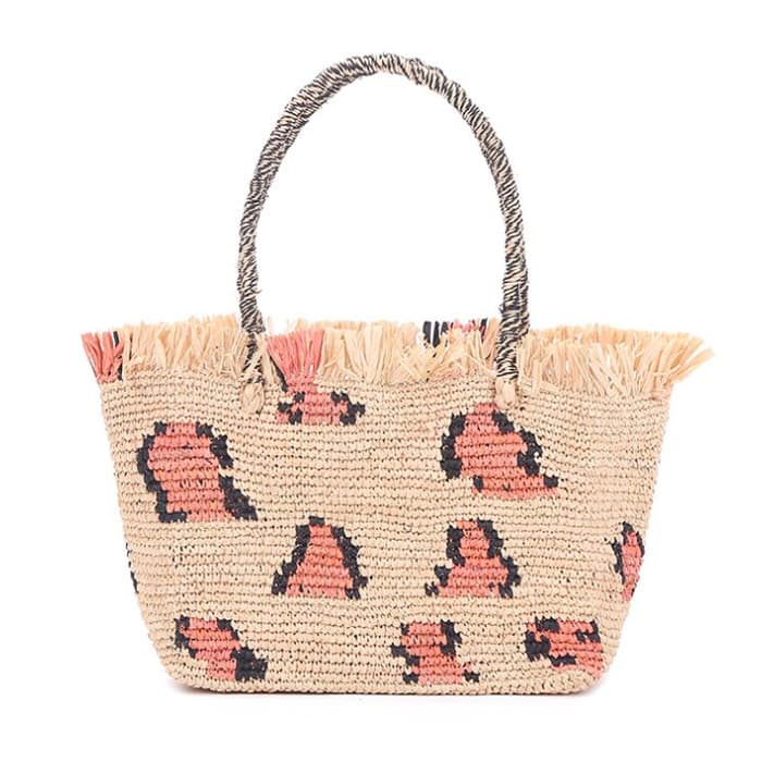 Leopard print frayed raffia straw tote