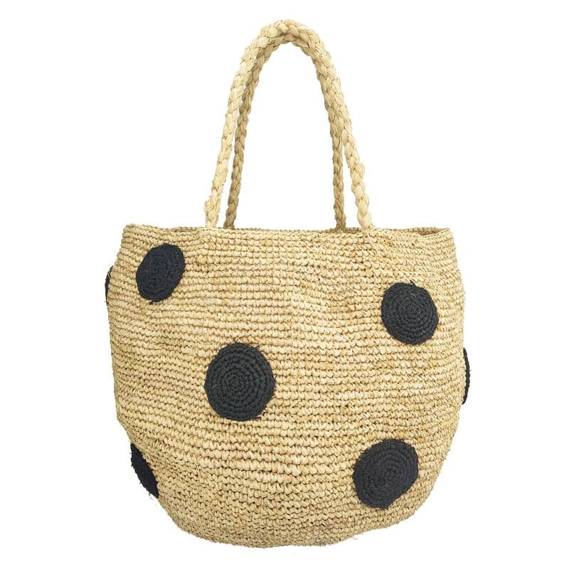 raffia straw bucket basket bag with black embroidery