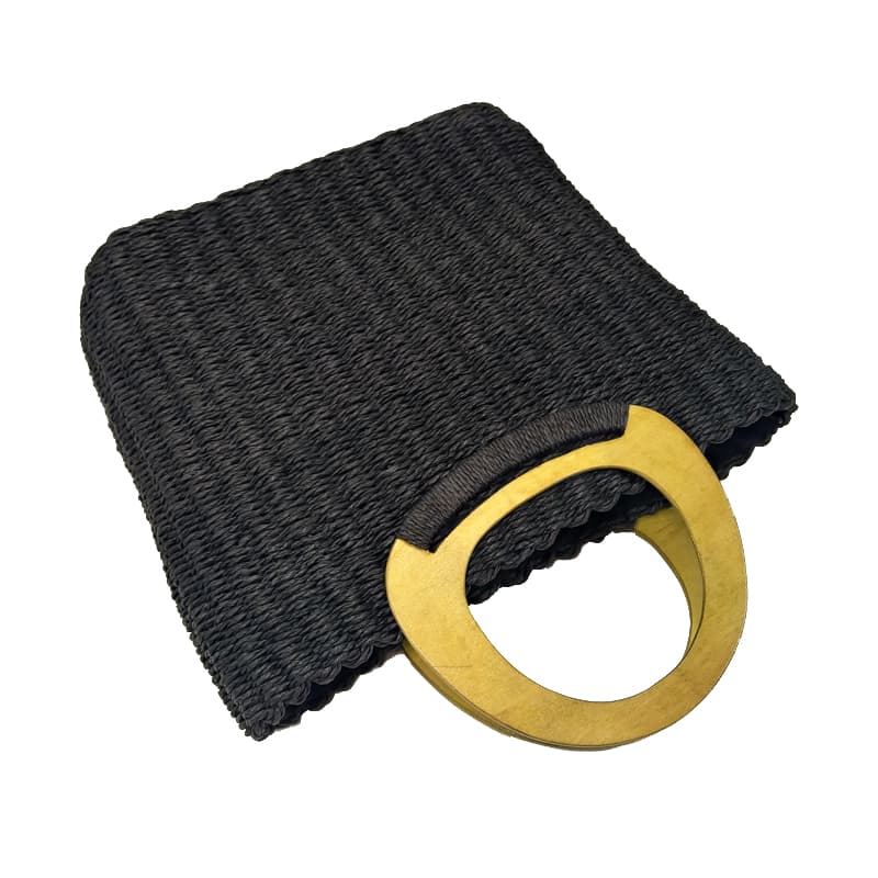 Handmade crocheted black paper straw tote handbag with wooden handles