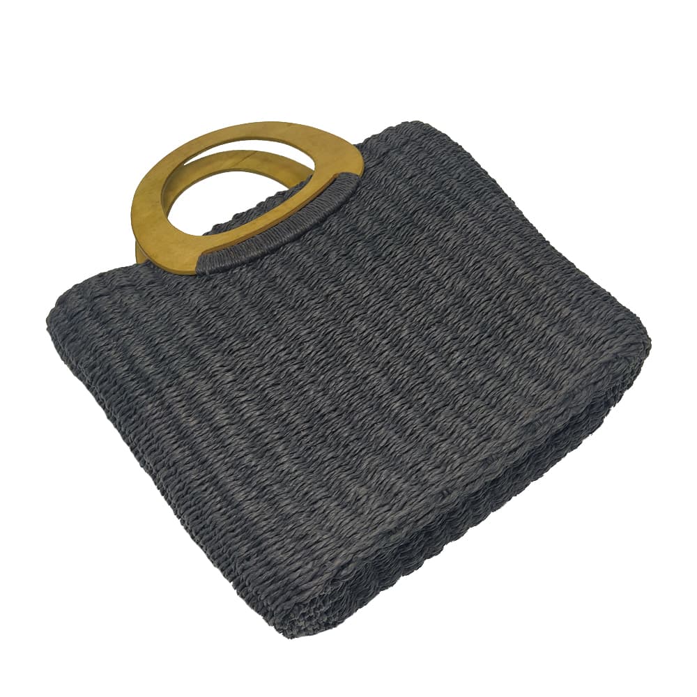 Handmade crocheted black paper straw tote handbag with wooden handles