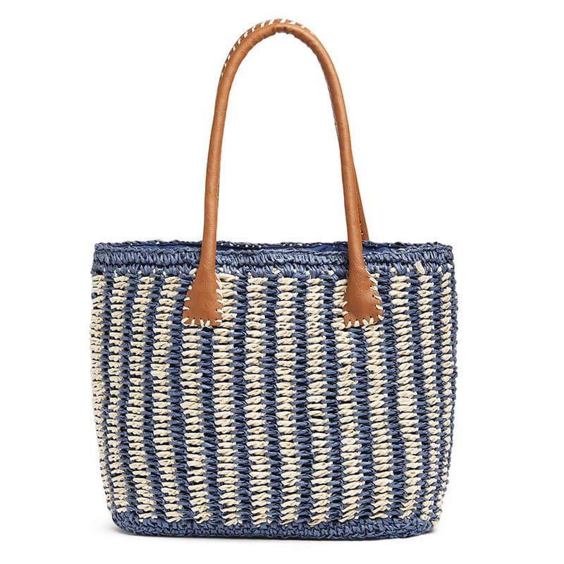 Handmade crocheted beige and navy stripe straw tote bag