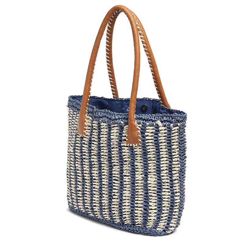 Handmade crocheted beige and navy stripe straw tote bag