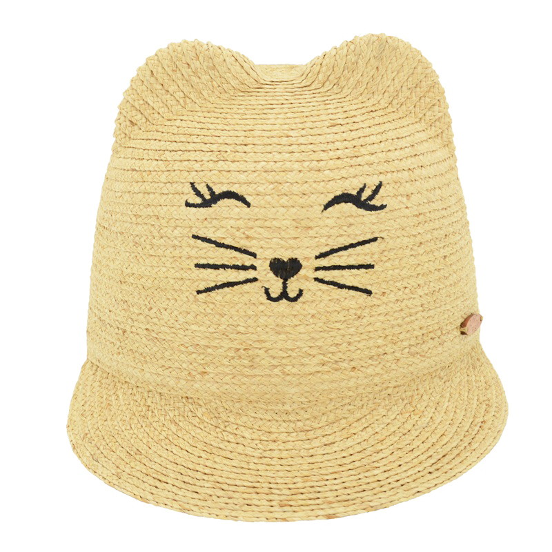 raffia braid hat with cat embroidery