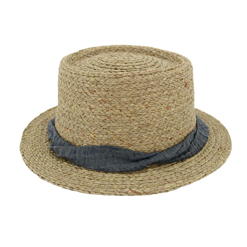 Gray raffia straw hat with fabric trim