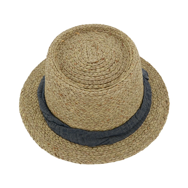 Gray raffia straw hat with fabric trim