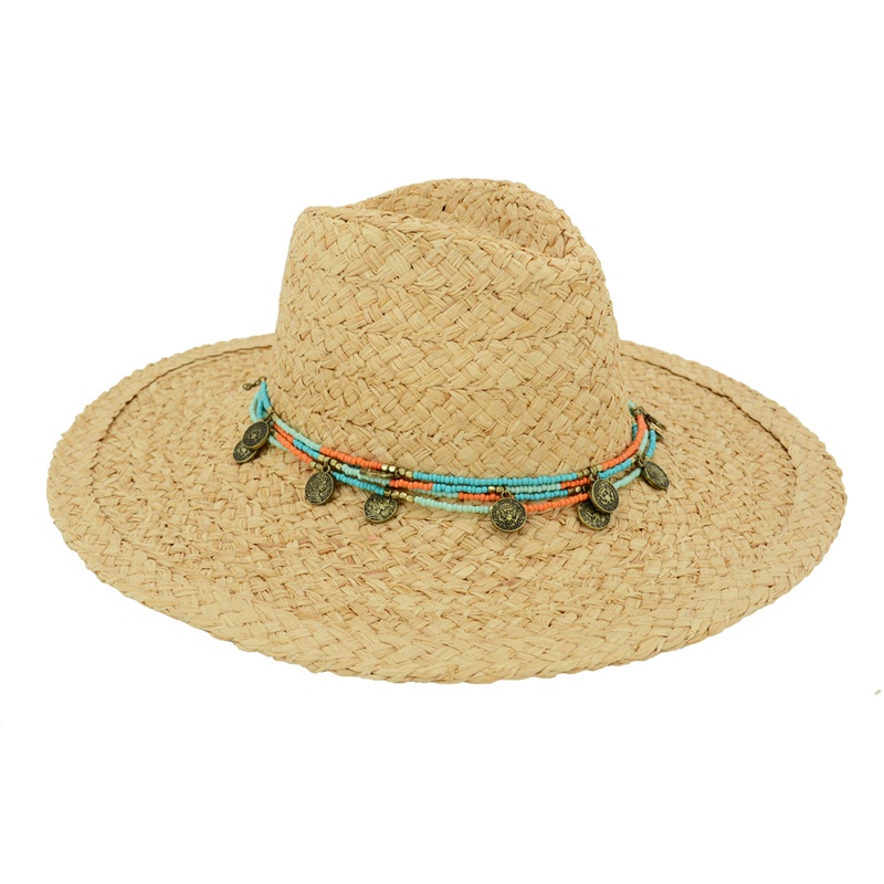 straw raffia braid summer hat with beads