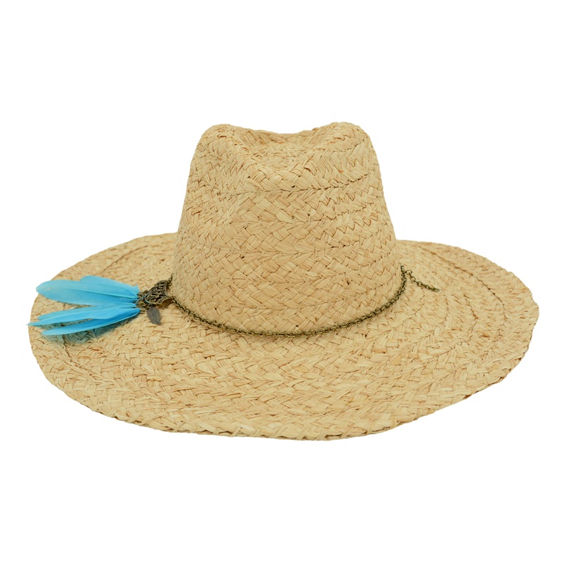 Rough Braid Raffia Straw Hat with Feather trim