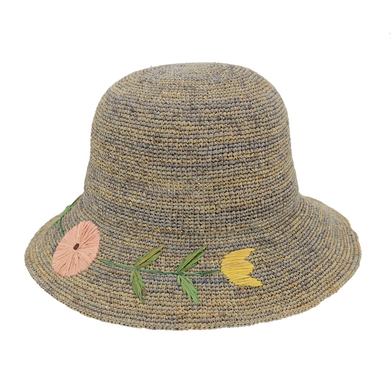 Grey Raffia Straw Bucket Hat with Embroidery