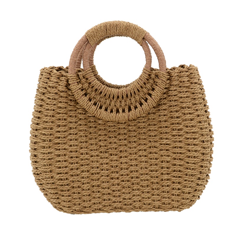 small round handle bag made with woven straw