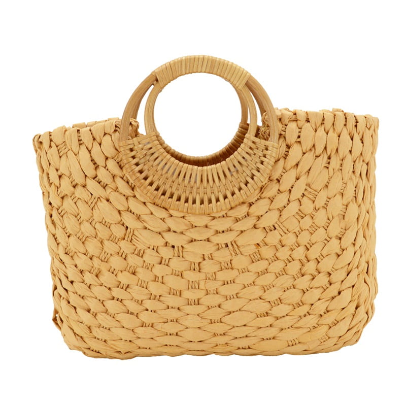 rattan handle straw tote bag